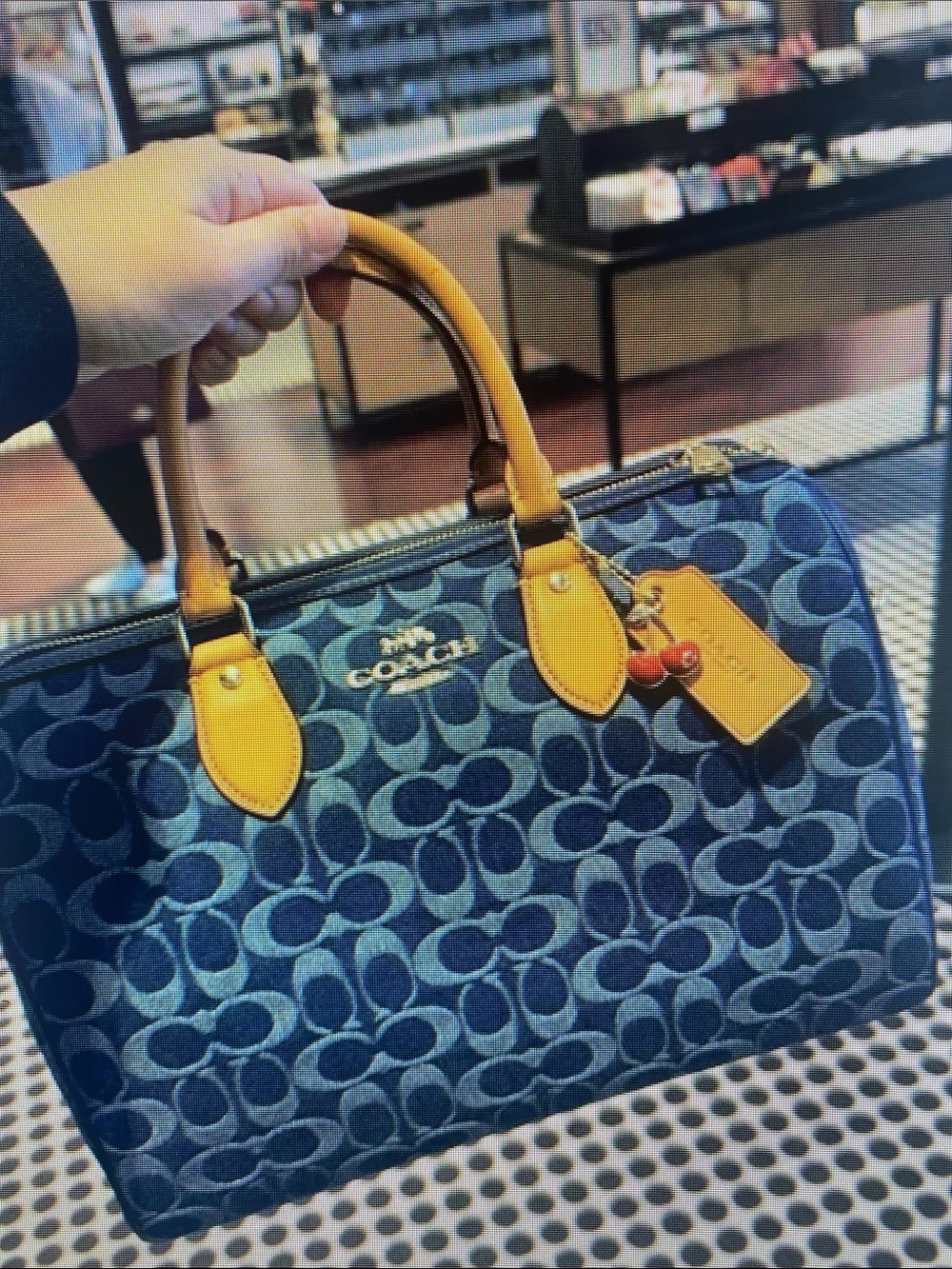 Coach Blue Signature Denim Satchel with Yellow Leather Handles
